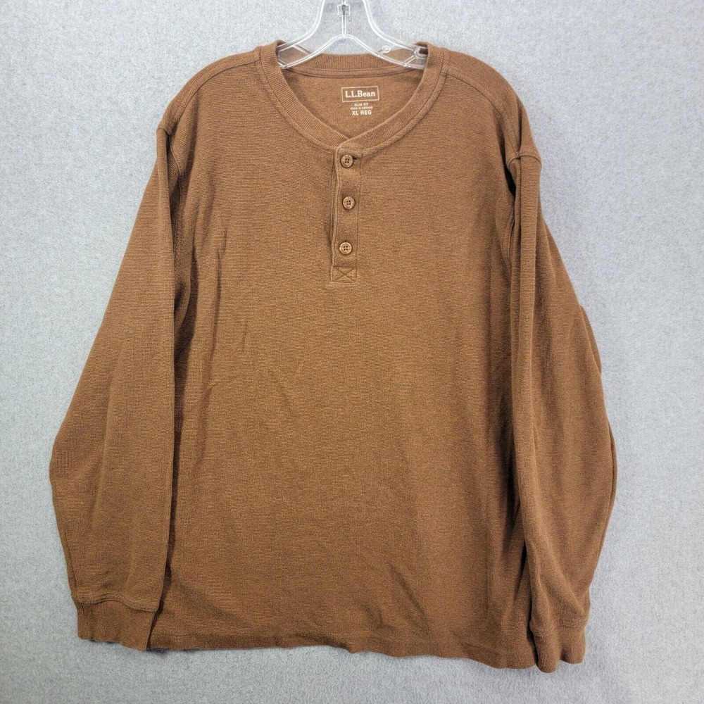LL Bean Long Sleeve Thermal Shirt Mens X-Large XL Brown  Buttons waffle